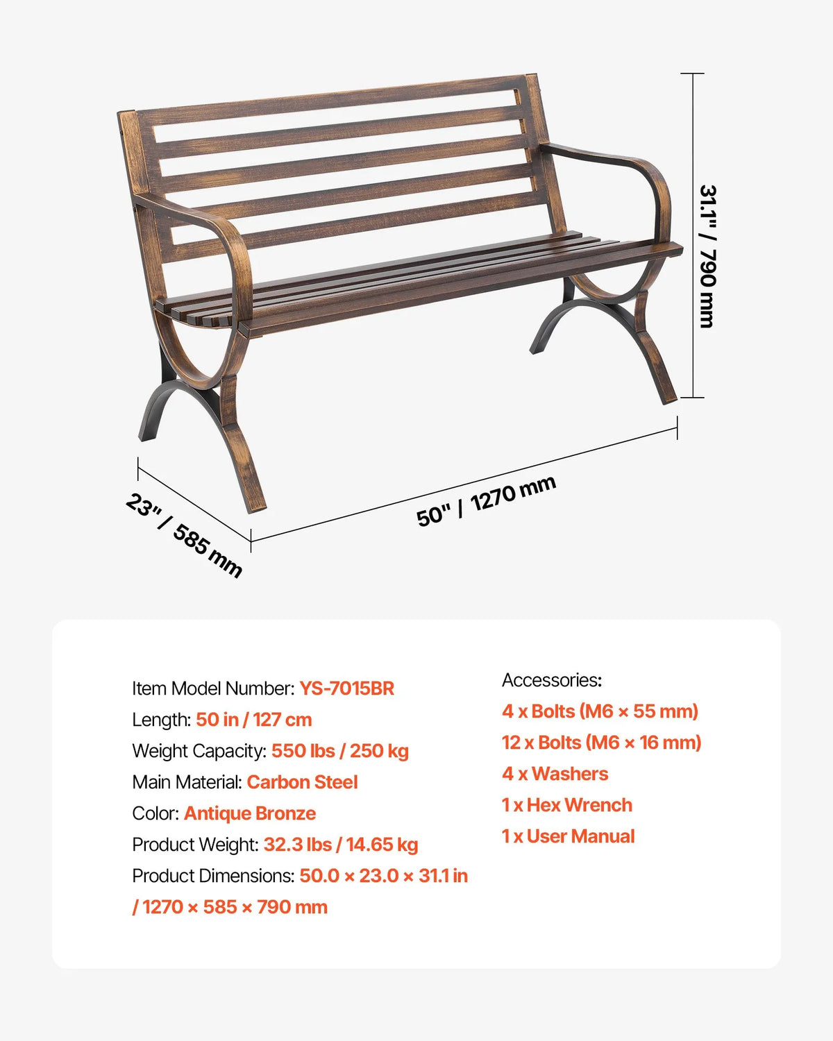 VEVOR Outdoor Bench 127 cm, Carbon Steel Metal Frame, Mesh Backrest with Rounded Armrests, Weather-Resistant, Antique Bronze, Suitable for Terrace, Garden, Park, Patio and Porch