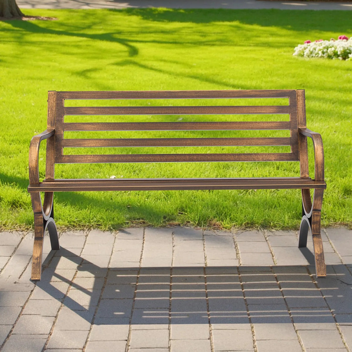 VEVOR Outdoor Bench 127 cm, Carbon Steel Metal Frame, Mesh Backrest with Rounded Armrests, Weather-Resistant, Antique Bronze, Suitable for Terrace, Garden, Park, Patio and Porch