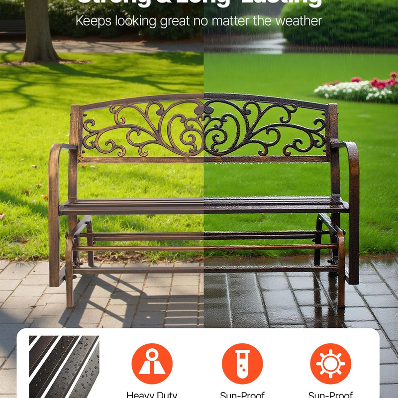 Āra šūpojošais sols 127 cm, ar oglekļa tērauda metāla rāmi, čuguna atzveltni un noapaļotiem roku balstiem, laikapstākļu izturīgs, antīka bronzas krāsā, piemērots terasei, dārzam, parkam, pagalmam un lievenim