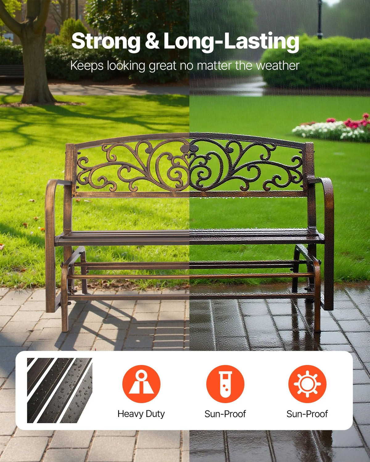 VEVOR Outdoor Swing Bench 127 cm, Carbon Steel Metal Frame, Cast Iron Backrest and Rounded Armrests, Weather Resistant, Antique Bronze, Suitable for Terrace, Garden, Park, Patio and Porch