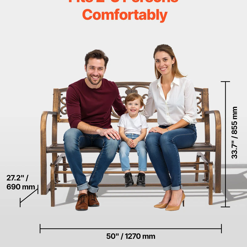 Āra šūpojošais sols 127 cm, ar oglekļa tērauda metāla rāmi, čuguna atzveltni un noapaļotiem roku balstiem, laikapstākļu izturīgs, antīka bronzas krāsā, piemērots terasei, dārzam, parkam, pagalmam un lievenim