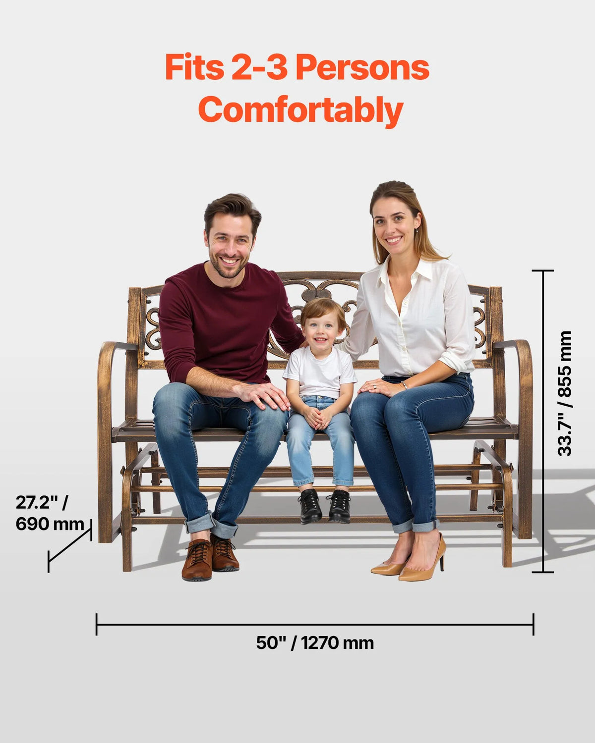 VEVOR Outdoor Swing Bench 127 cm, Carbon Steel Metal Frame, Cast Iron Backrest and Rounded Armrests, Weather Resistant, Antique Bronze, Suitable for Terrace, Garden, Park, Patio and Porch