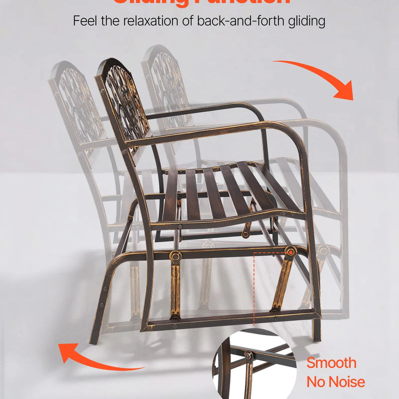Āra šūpojošais sols 127 cm, ar oglekļa tērauda metāla rāmi, čuguna atzveltni un noapaļotiem roku balstiem, laikapstākļu izturīgs, antīka bronzas krāsā, piemērots terasei, dārzam, parkam, pagalmam un lievenim