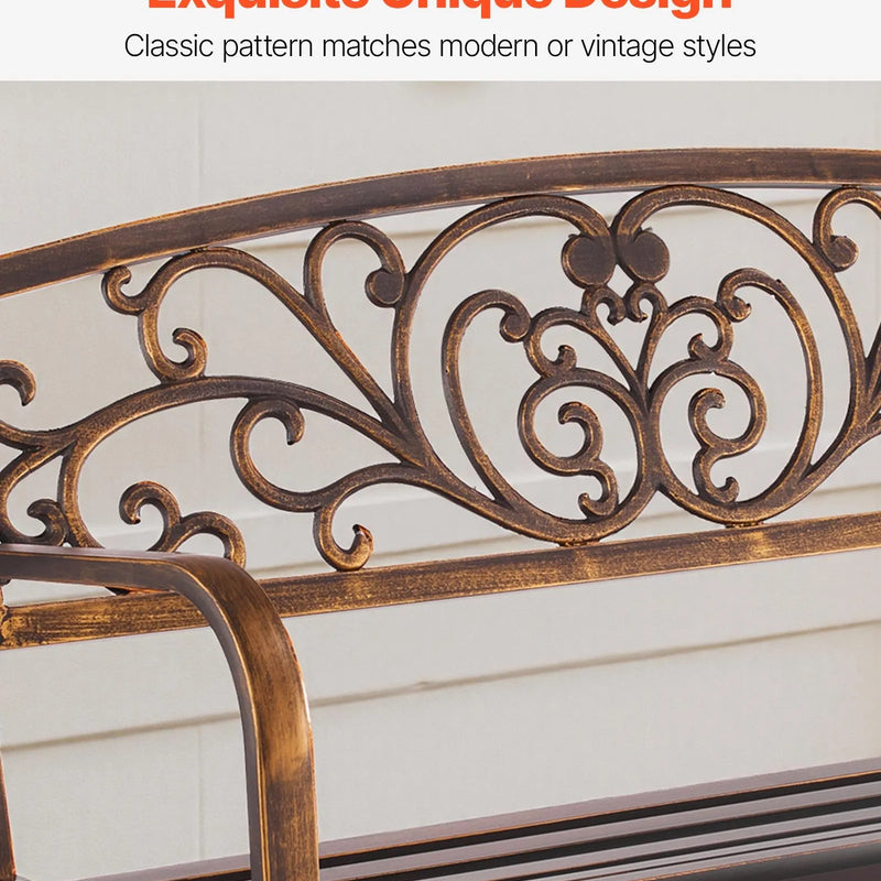 Āra šūpojošais sols 127 cm, ar oglekļa tērauda metāla rāmi, čuguna atzveltni un noapaļotiem roku balstiem, laikapstākļu izturīgs, antīka bronzas krāsā, piemērots terasei, dārzam, parkam, pagalmam un lievenim