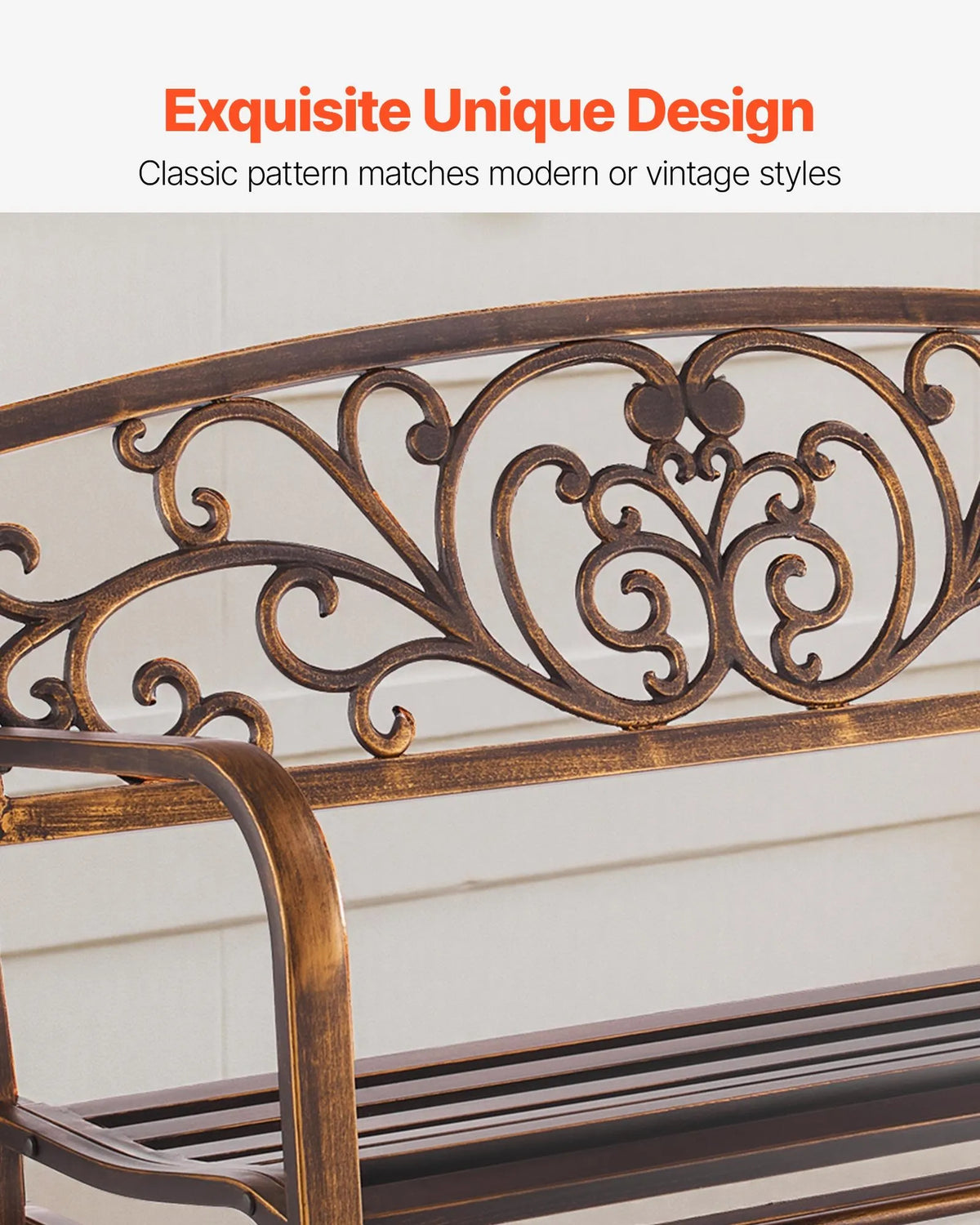 VEVOR Outdoor Swing Bench 127 cm, Carbon Steel Metal Frame, Cast Iron Backrest and Rounded Armrests, Weather Resistant, Antique Bronze, Suitable for Terrace, Garden, Park, Patio and Porch