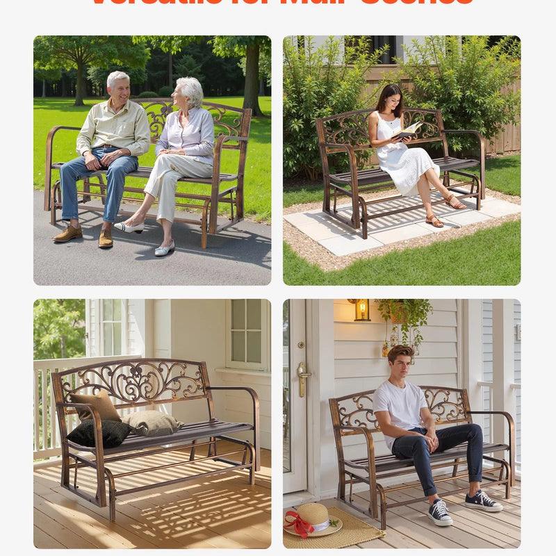 Āra šūpojošais sols 127 cm, ar oglekļa tērauda metāla rāmi, čuguna atzveltni un noapaļotiem roku balstiem, laikapstākļu izturīgs, antīka bronzas krāsā, piemērots terasei, dārzam, parkam, pagalmam un lievenim