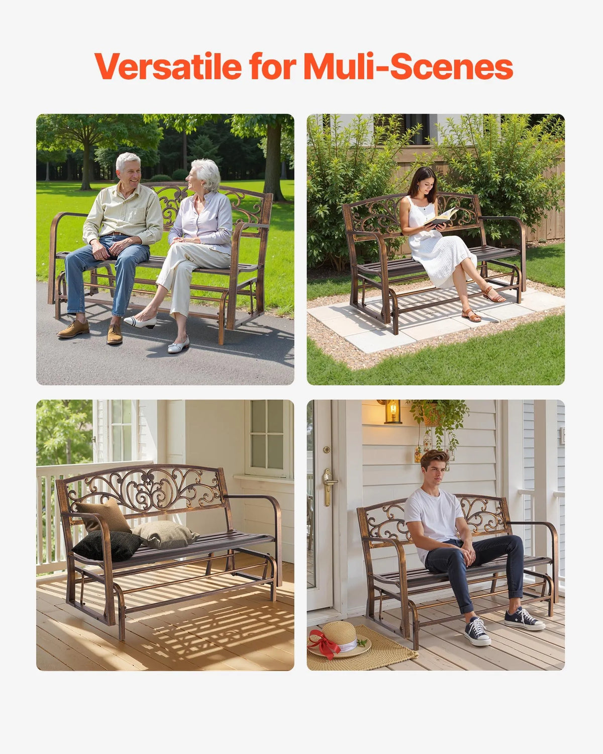 VEVOR Outdoor Swing Bench 127 cm, Carbon Steel Metal Frame, Cast Iron Backrest and Rounded Armrests, Weather Resistant, Antique Bronze, Suitable for Terrace, Garden, Park, Patio and Porch