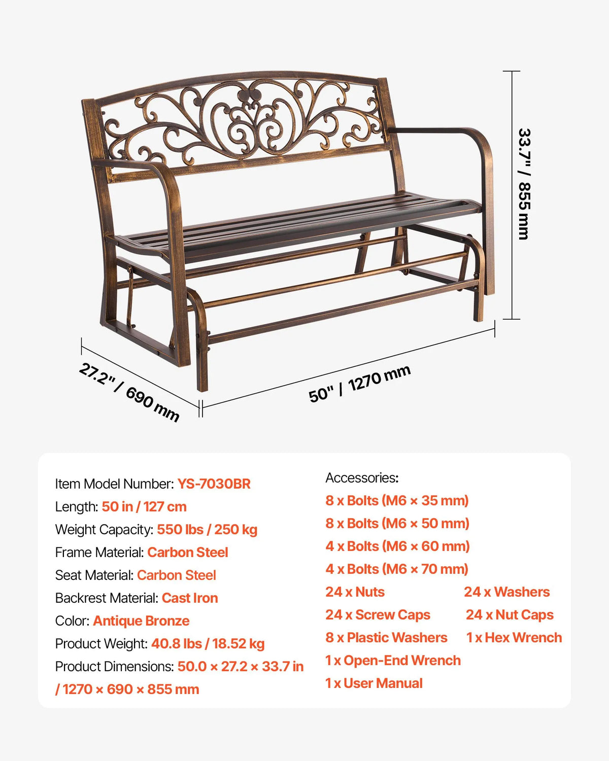 VEVOR Outdoor Swing Bench 127 cm, Carbon Steel Metal Frame, Cast Iron Backrest and Rounded Armrests, Weather Resistant, Antique Bronze, Suitable for Terrace, Garden, Park, Patio and Porch