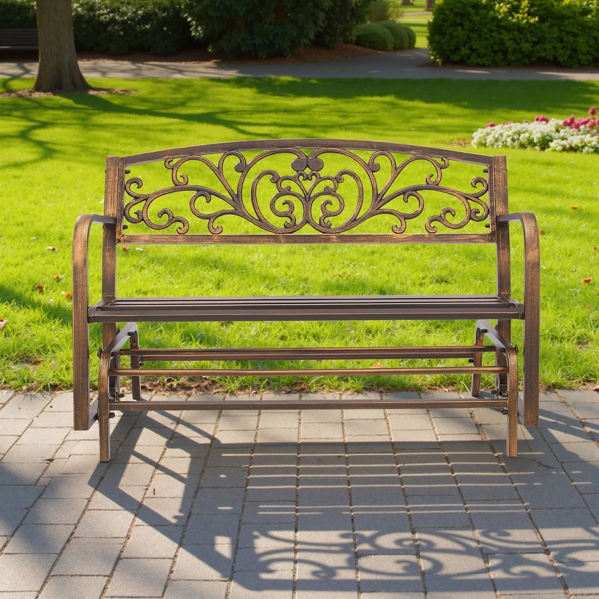 VEVOR Outdoor Swing Bench 127 cm, Carbon Steel Metal Frame, Cast Iron Backrest and Rounded Armrests, Weather Resistant, Antique Bronze, Suitable for Terrace, Garden, Park, Patio and Porch