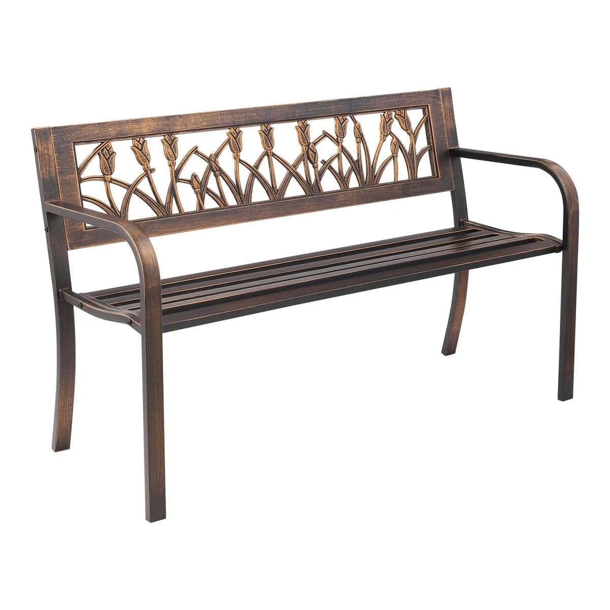 VEVOR Outdoor Bench 127 cm, Carbon Steel Metal Frame, PVC Decorative Backrest with Floral Pattern and Rounded Armrests, Weather-Resistant, Antique Bronze, Suitable for Terrace, Garden, Park, Patio and Porch