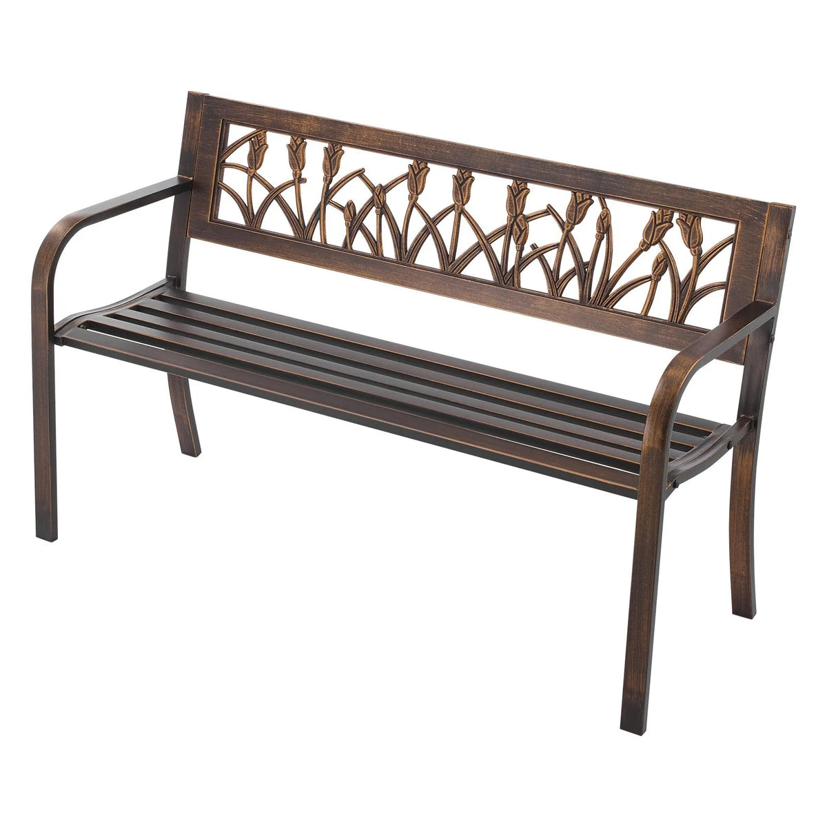 VEVOR Outdoor Bench 127 cm, Carbon Steel Metal Frame, PVC Decorative Backrest with Floral Pattern and Rounded Armrests, Weather-Resistant, Antique Bronze, Suitable for Terrace, Garden, Park, Patio and Porch