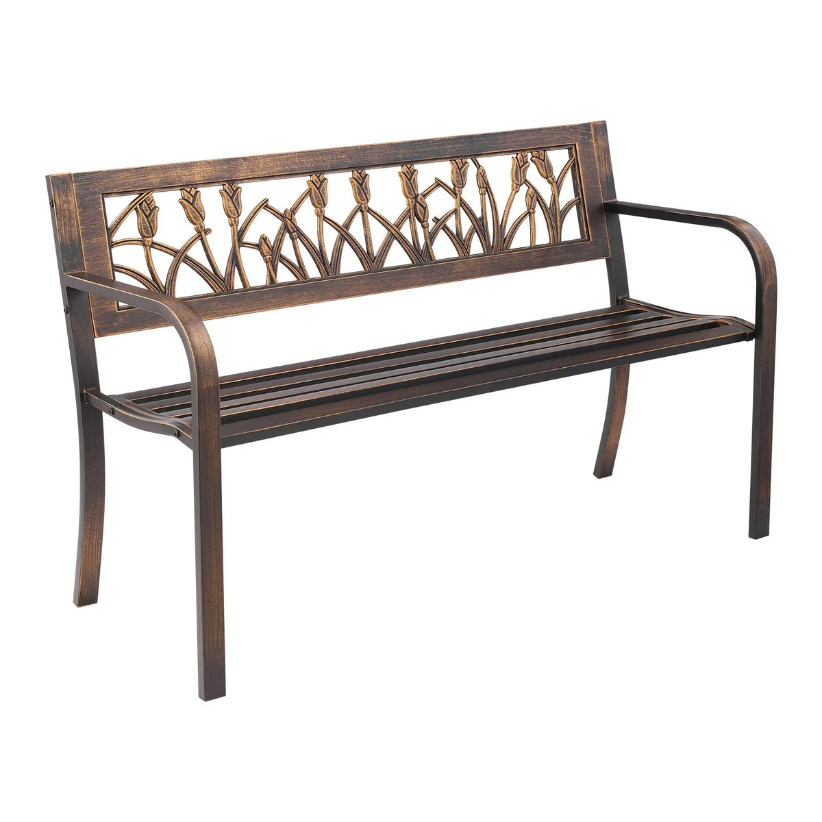 VEVOR Outdoor Bench 127 cm, Carbon Steel Metal Frame, PVC Decorative Backrest with Floral Pattern and Rounded Armrests, Weather-Resistant, Antique Bronze, Suitable for Terrace, Garden, Park, Patio and Porch