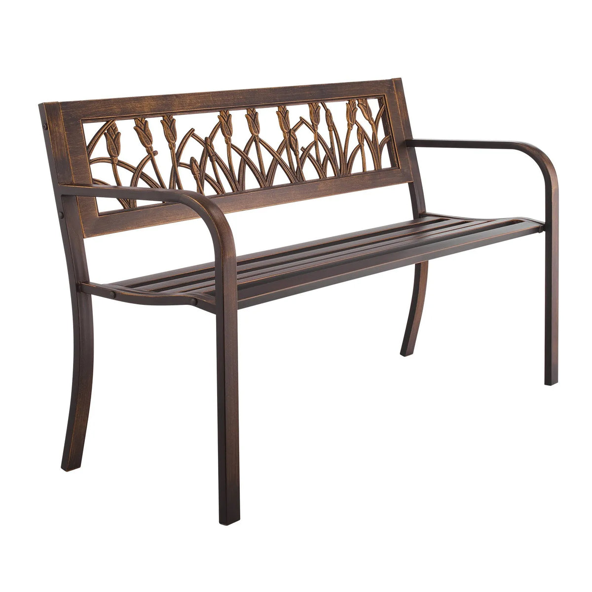 VEVOR Outdoor Bench 127 cm, Carbon Steel Metal Frame, PVC Decorative Backrest with Floral Pattern and Rounded Armrests, Weather-Resistant, Antique Bronze, Suitable for Terrace, Garden, Park, Patio and Porch