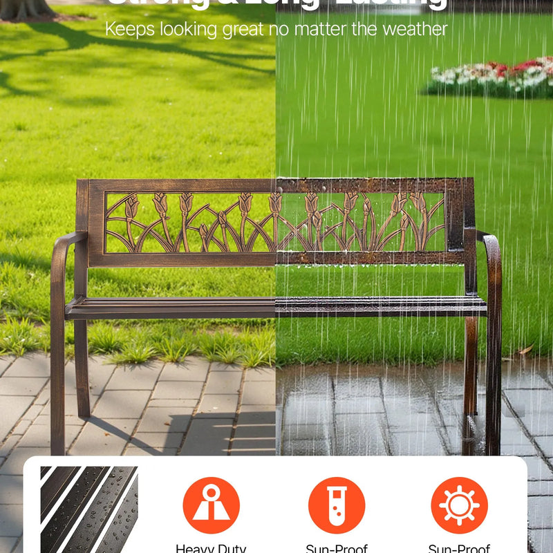 Āra sols 127 cm, ar oglekļa tērauda metāla rāmi, PVC dekoratīvu atzveltni ar ziedu rakstu un noapaļotiem roku balstiem, laikapstākļu izturīgs, antīka bronzas krāsā, piemērots terasei, dārzam, parkam, pagalmam un lievenim