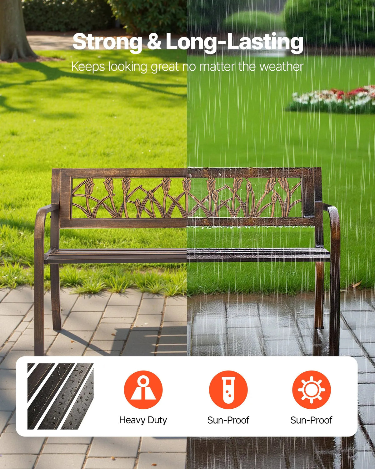 VEVOR Outdoor Bench 127 cm, Carbon Steel Metal Frame, PVC Decorative Backrest with Floral Pattern and Rounded Armrests, Weather-Resistant, Antique Bronze, Suitable for Terrace, Garden, Park, Patio and Porch