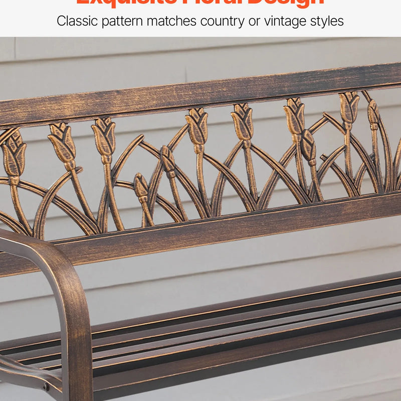 Āra sols 127 cm, ar oglekļa tērauda metāla rāmi, PVC dekoratīvu atzveltni ar ziedu rakstu un noapaļotiem roku balstiem, laikapstākļu izturīgs, antīka bronzas krāsā, piemērots terasei, dārzam, parkam, pagalmam un lievenim