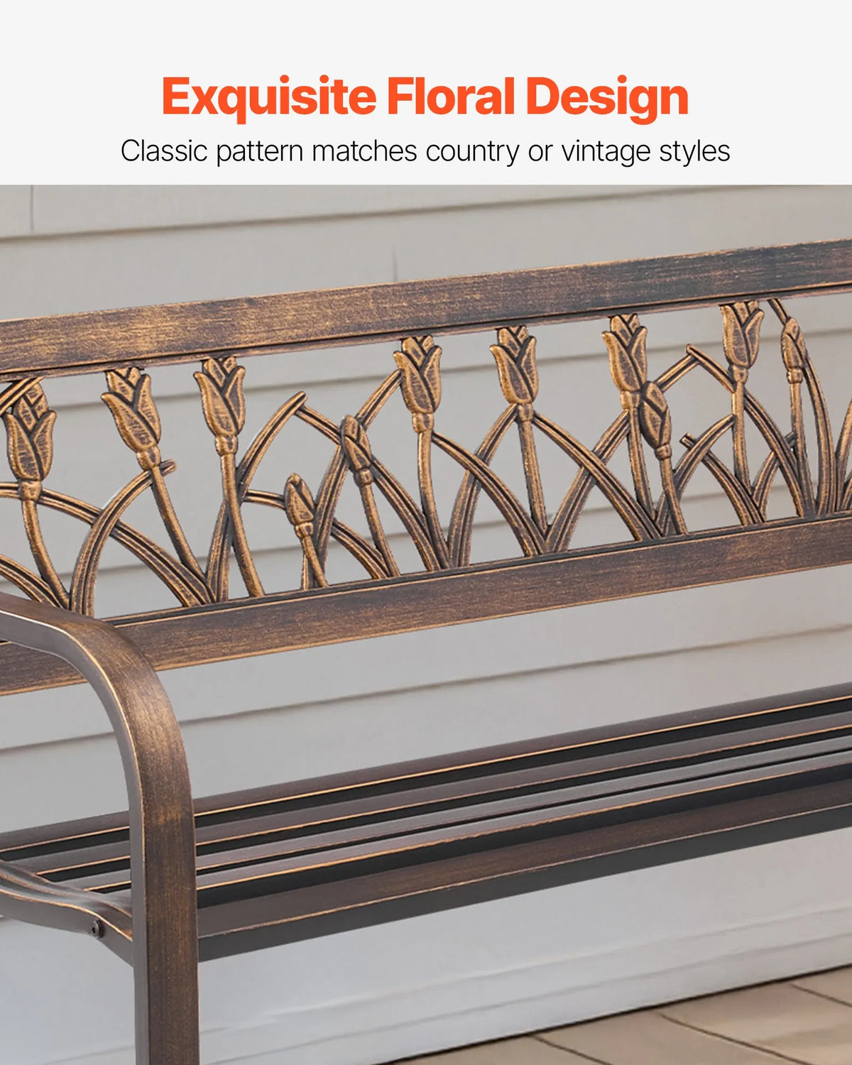 VEVOR Outdoor Bench 127 cm, Carbon Steel Metal Frame, PVC Decorative Backrest with Floral Pattern and Rounded Armrests, Weather-Resistant, Antique Bronze, Suitable for Terrace, Garden, Park, Patio and Porch