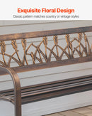 Āra sols 127 cm, ar oglekļa tērauda metāla rāmi, PVC dekoratīvu atzveltni ar ziedu rakstu un noapaļotiem roku balstiem, laikapstākļu izturīgs, antīka bronzas krāsā, piemērots terasei, dārzam, parkam, pagalmam un lievenim