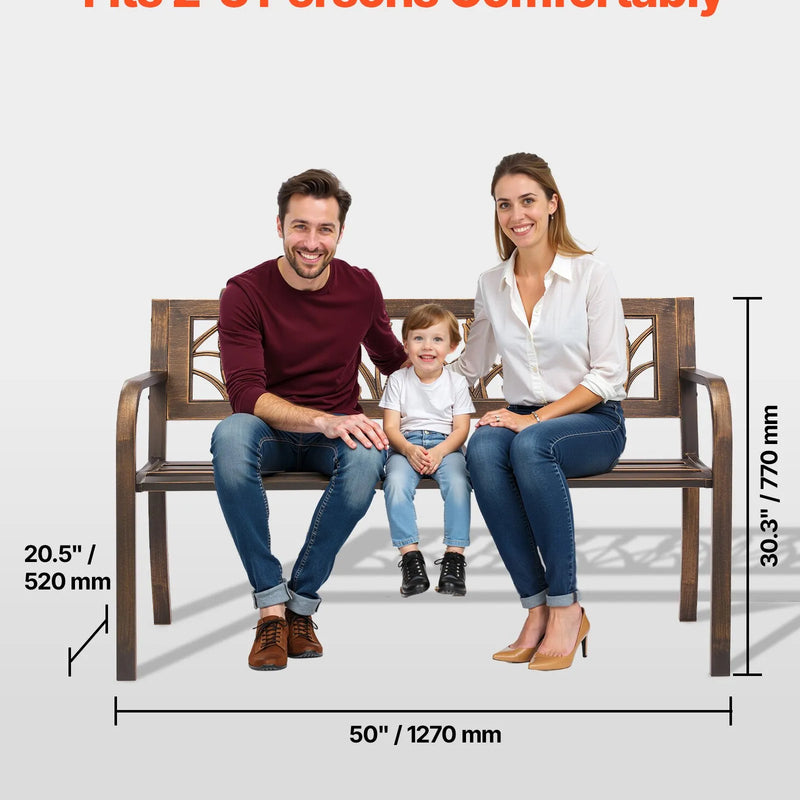 Āra sols 127 cm, ar oglekļa tērauda metāla rāmi, PVC dekoratīvu atzveltni ar ziedu rakstu un noapaļotiem roku balstiem, laikapstākļu izturīgs, antīka bronzas krāsā, piemērots terasei, dārzam, parkam, pagalmam un lievenim