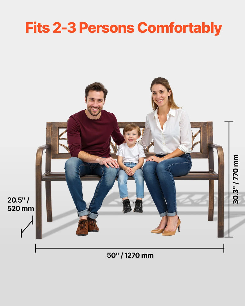 Āra sols 127 cm, ar oglekļa tērauda metāla rāmi, PVC dekoratīvu atzveltni ar ziedu rakstu un noapaļotiem roku balstiem, laikapstākļu izturīgs, antīka bronzas krāsā, piemērots terasei, dārzam, parkam, pagalmam un lievenim