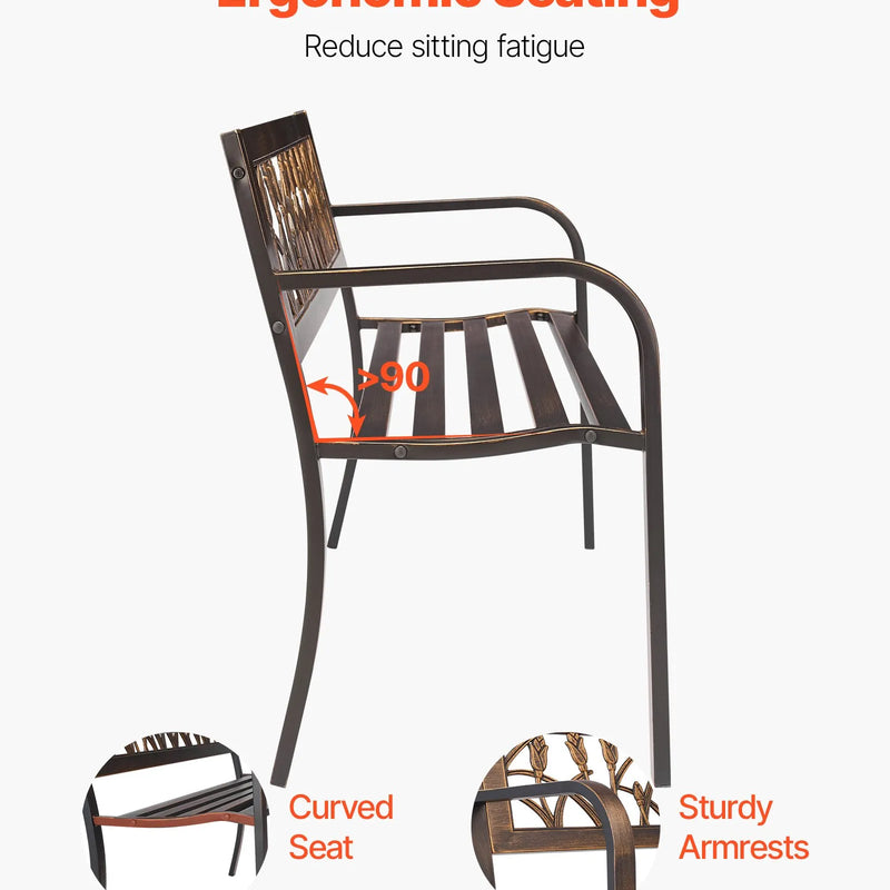 Āra sols 127 cm, ar oglekļa tērauda metāla rāmi, PVC dekoratīvu atzveltni ar ziedu rakstu un noapaļotiem roku balstiem, laikapstākļu izturīgs, antīka bronzas krāsā, piemērots terasei, dārzam, parkam, pagalmam un lievenim