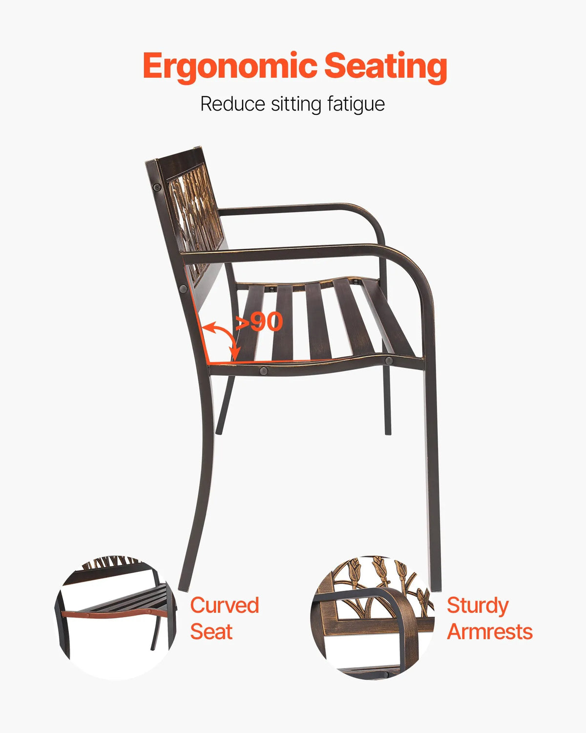 VEVOR Outdoor Bench 127 cm, Carbon Steel Metal Frame, PVC Decorative Backrest with Floral Pattern and Rounded Armrests, Weather-Resistant, Antique Bronze, Suitable for Terrace, Garden, Park, Patio and Porch