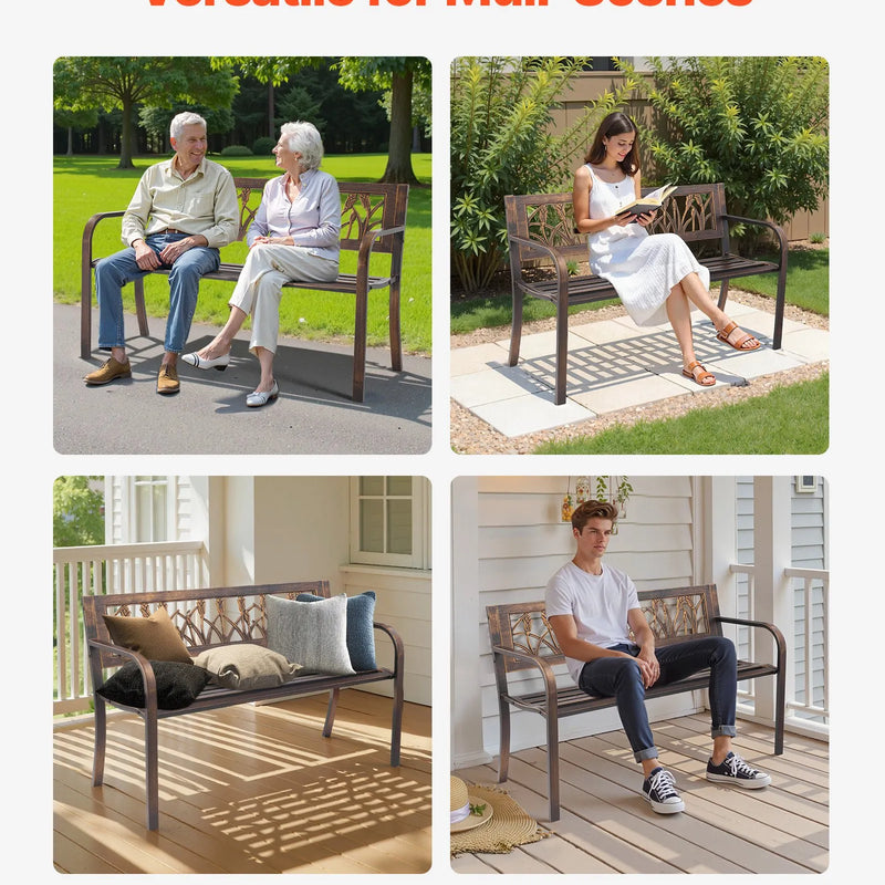 Āra sols 127 cm, ar oglekļa tērauda metāla rāmi, PVC dekoratīvu atzveltni ar ziedu rakstu un noapaļotiem roku balstiem, laikapstākļu izturīgs, antīka bronzas krāsā, piemērots terasei, dārzam, parkam, pagalmam un lievenim