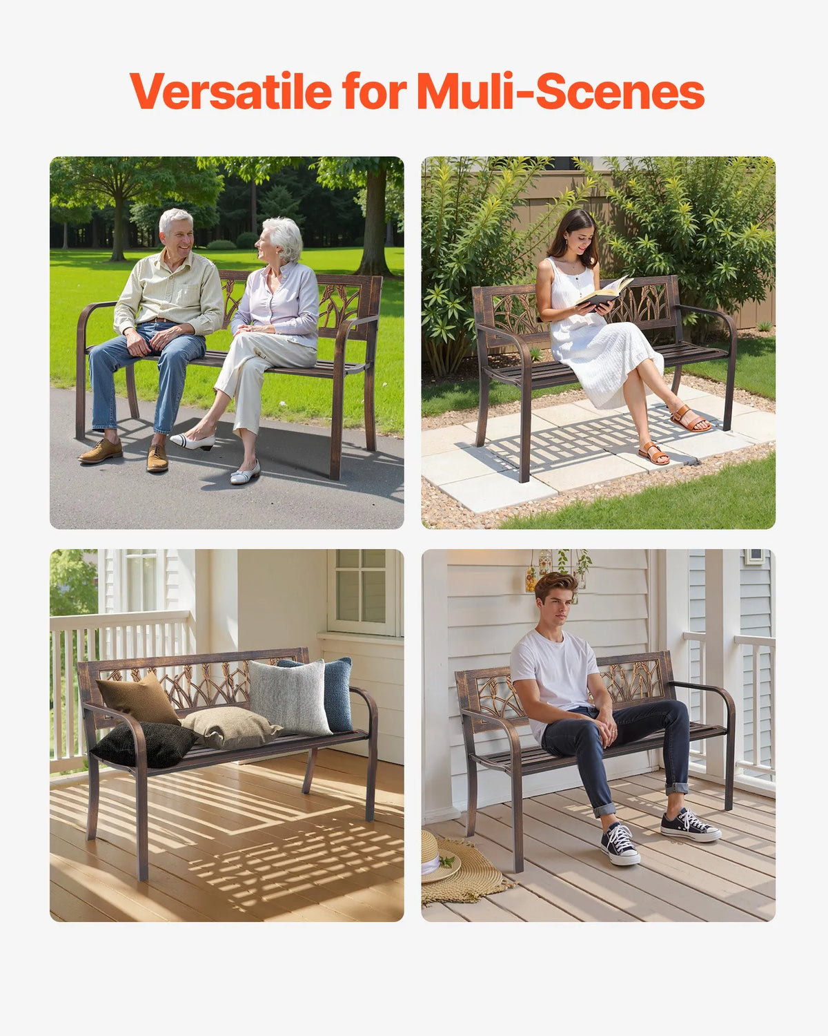 VEVOR Outdoor Bench 127 cm, Carbon Steel Metal Frame, PVC Decorative Backrest with Floral Pattern and Rounded Armrests, Weather-Resistant, Antique Bronze, Suitable for Terrace, Garden, Park, Patio and Porch
