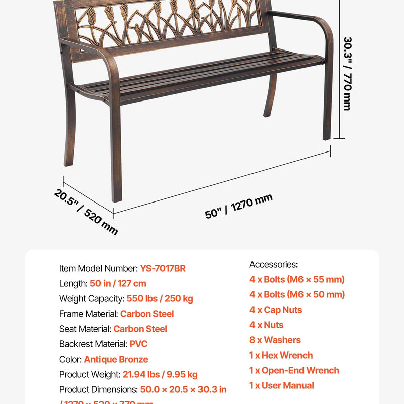 Āra sols 127 cm, ar oglekļa tērauda metāla rāmi, PVC dekoratīvu atzveltni ar ziedu rakstu un noapaļotiem roku balstiem, laikapstākļu izturīgs, antīka bronzas krāsā, piemērots terasei, dārzam, parkam, pagalmam un lievenim
