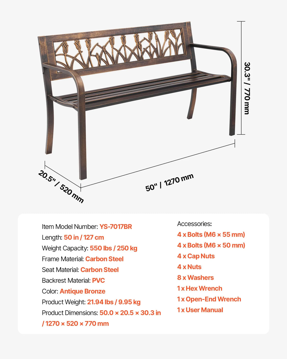 VEVOR Outdoor Bench 127 cm, Carbon Steel Metal Frame, PVC Decorative Backrest with Floral Pattern and Rounded Armrests, Weather-Resistant, Antique Bronze, Suitable for Terrace, Garden, Park, Patio and Porch