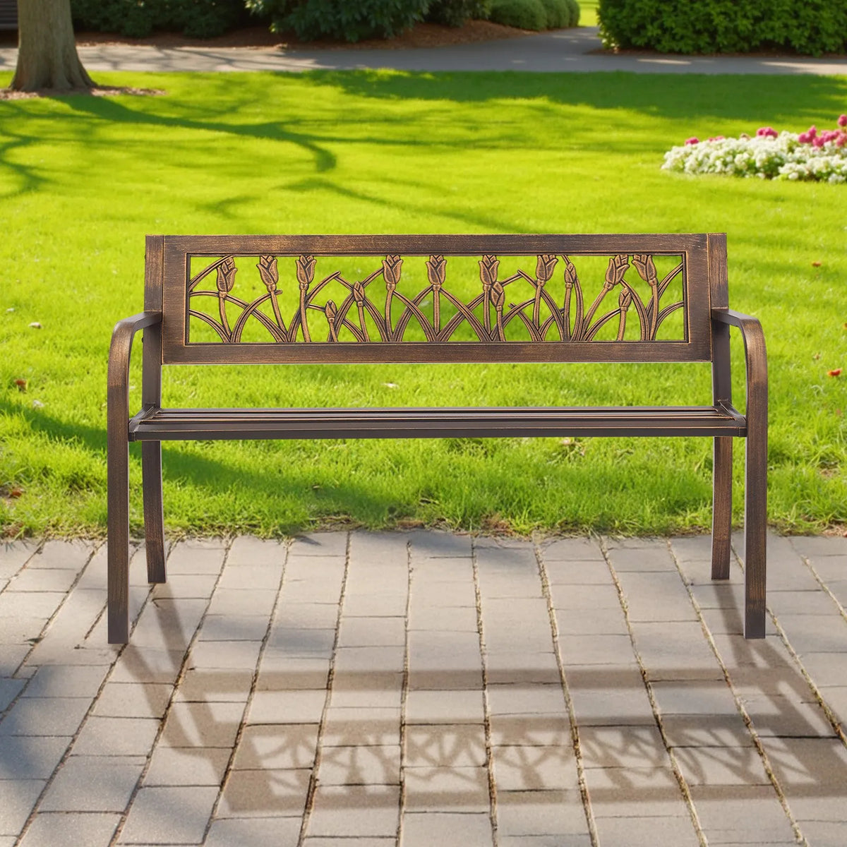 VEVOR Outdoor Bench 127 cm, Carbon Steel Metal Frame, PVC Decorative Backrest with Floral Pattern and Rounded Armrests, Weather-Resistant, Antique Bronze, Suitable for Terrace, Garden, Park, Patio and Porch