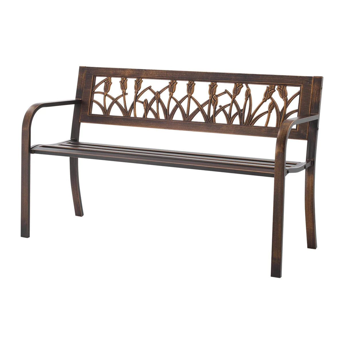 VEVOR Outdoor Bench 127 cm, Carbon Steel Metal Frame, PVC Decorative Backrest with Floral Pattern and Rounded Armrests, Weather-Resistant, Antique Bronze, Suitable for Terrace, Garden, Park, Patio and Porch