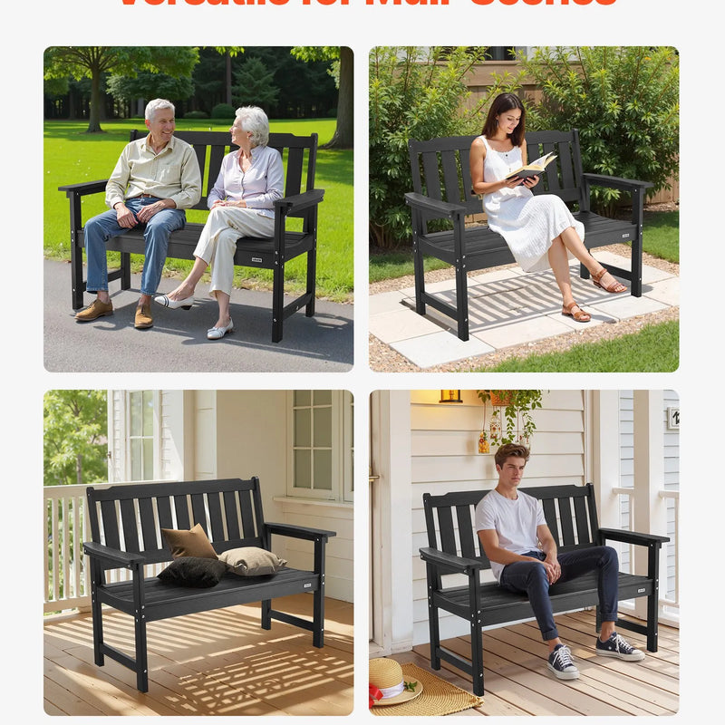 Āra sols 128 cm, izturība līdz 363 kg, paredzēts 2–3 personām, laikapstākļu izturīgs plastmasas rāmis ar atzveltni un platiem roku balstiem, piemērots terasei, dārzam, parkam, pagalmam un lieveņiem, melns