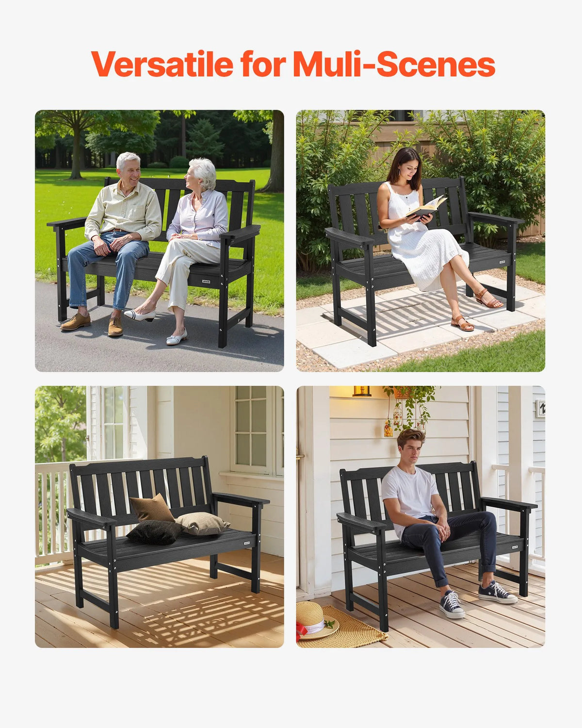 VEVOR Outdoor Bench 128 cm, Load Capacity 363 kg, Seats 2–3 People, Weather-Resistant Plastic Frame with Backrest and Wide Armrests, Suitable for Terrace, Garden, Park, Patio and Porches, Black