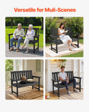 Āra sols 128 cm, izturība līdz 363 kg, paredzēts 2–3 personām, laikapstākļu izturīgs plastmasas rāmis ar atzveltni un platiem roku balstiem, piemērots terasei, dārzam, parkam, pagalmam un lieveņiem, melns