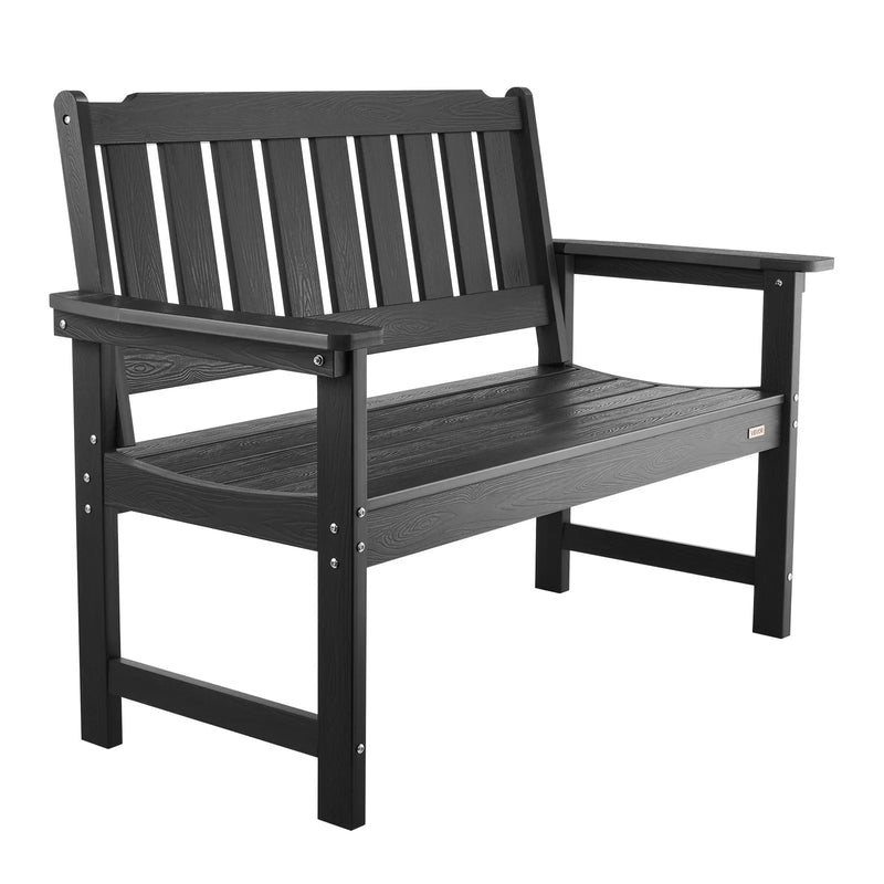 Āra sols 128 cm, izturība līdz 363 kg, paredzēts 2–3 personām, laikapstākļu izturīgs plastmasas rāmis ar atzveltni un platiem roku balstiem, piemērots terasei, dārzam, parkam, pagalmam un lieveņiem, melns