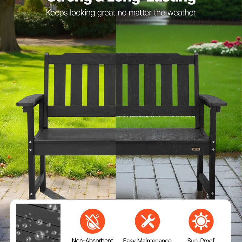 Āra sols 128 cm, izturība līdz 363 kg, paredzēts 2–3 personām, laikapstākļu izturīgs plastmasas rāmis ar atzveltni un platiem roku balstiem, piemērots terasei, dārzam, parkam, pagalmam un lieveņiem, melns