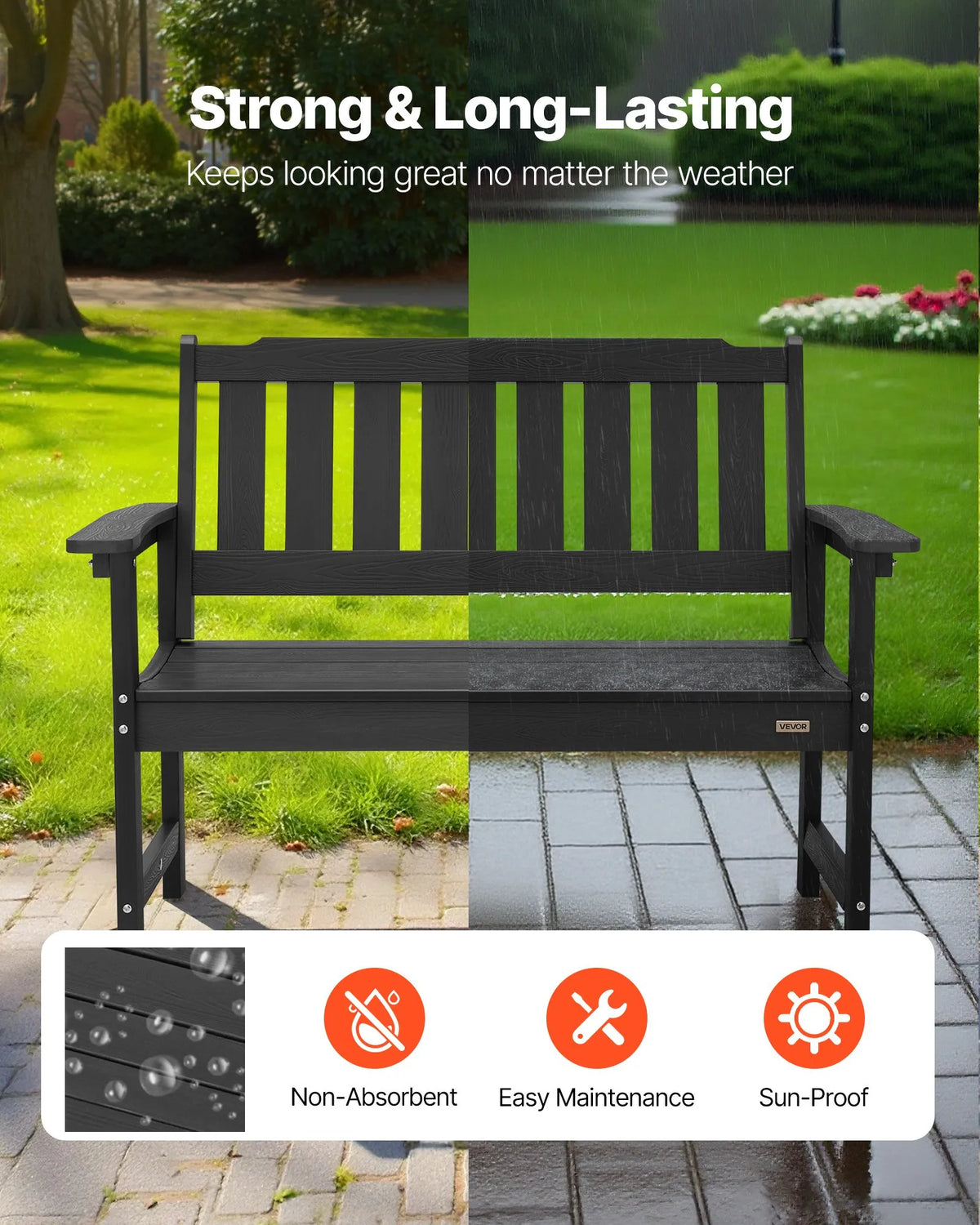 VEVOR Outdoor Bench 128 cm, Load Capacity 363 kg, Seats 2–3 People, Weather-Resistant Plastic Frame with Backrest and Wide Armrests, Suitable for Terrace, Garden, Park, Patio and Porches, Black
