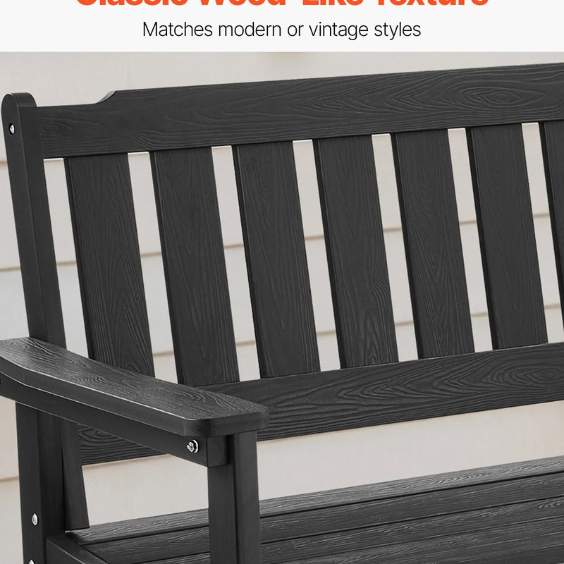 Āra sols 128 cm, izturība līdz 363 kg, paredzēts 2–3 personām, laikapstākļu izturīgs plastmasas rāmis ar atzveltni un platiem roku balstiem, piemērots terasei, dārzam, parkam, pagalmam un lieveņiem, melns