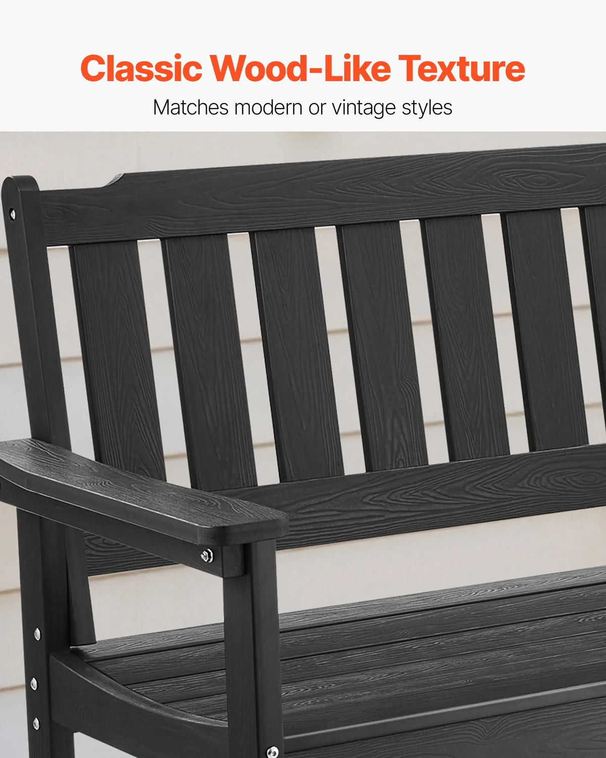 VEVOR Outdoor Bench 128 cm, Load Capacity 363 kg, Seats 2–3 People, Weather-Resistant Plastic Frame with Backrest and Wide Armrests, Suitable for Terrace, Garden, Park, Patio and Porches, Black
