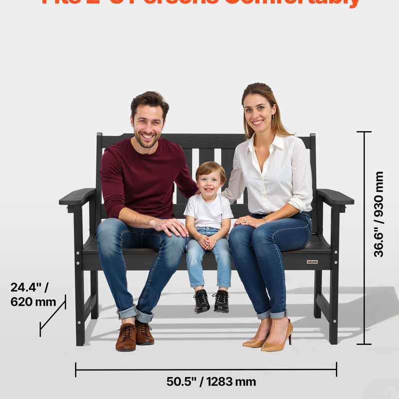Āra sols 128 cm, izturība līdz 363 kg, paredzēts 2–3 personām, laikapstākļu izturīgs plastmasas rāmis ar atzveltni un platiem roku balstiem, piemērots terasei, dārzam, parkam, pagalmam un lieveņiem, melns