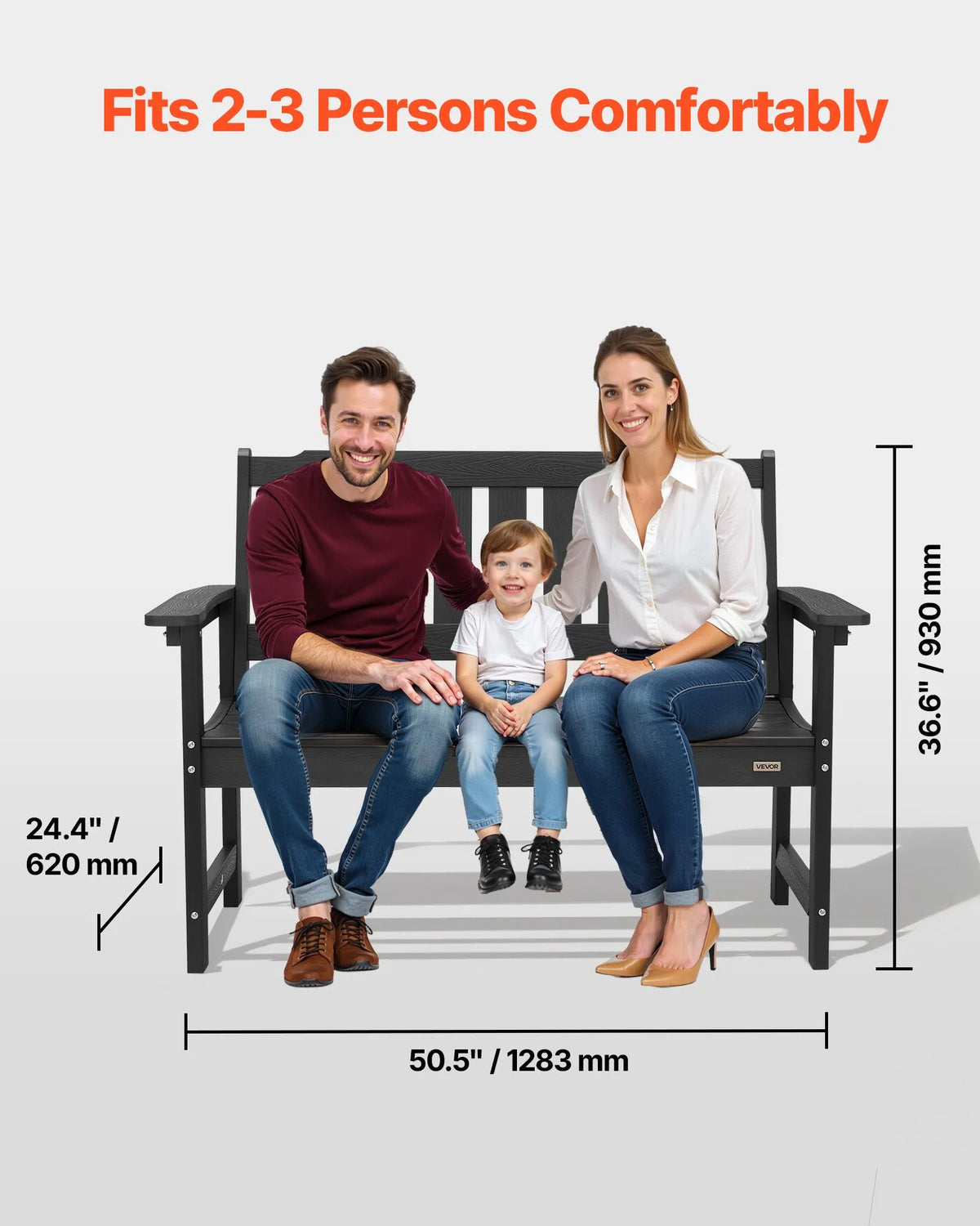VEVOR Outdoor Bench 128 cm, Load Capacity 363 kg, Seats 2–3 People, Weather-Resistant Plastic Frame with Backrest and Wide Armrests, Suitable for Terrace, Garden, Park, Patio and Porches, Black