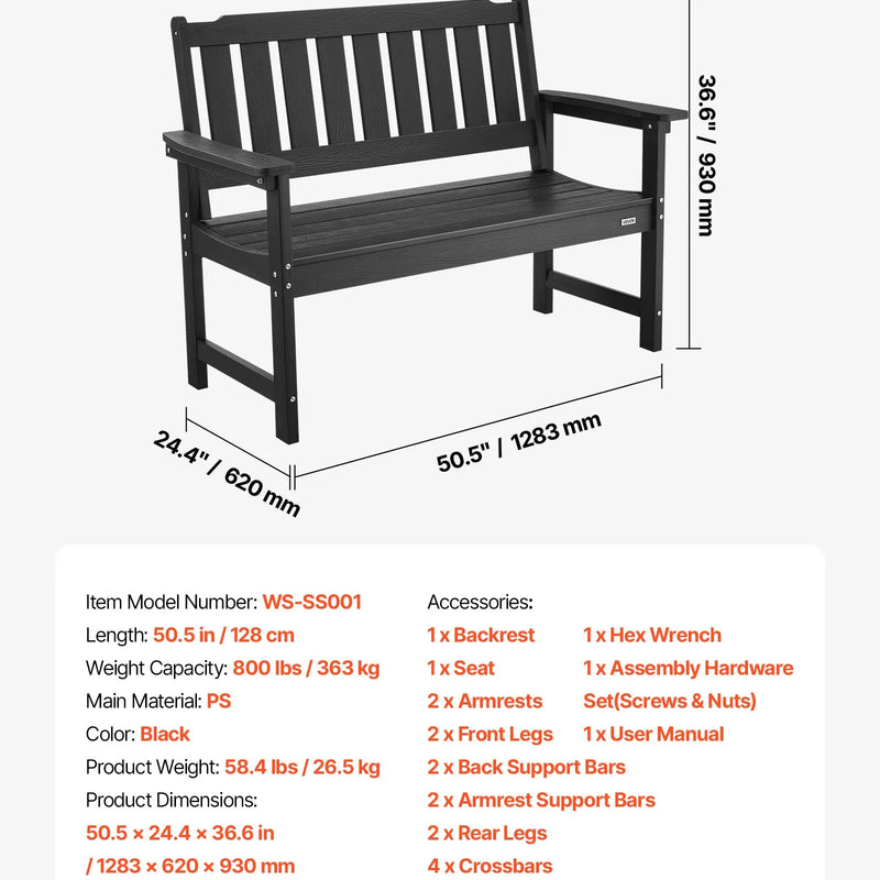 Āra sols 128 cm, izturība līdz 363 kg, paredzēts 2–3 personām, laikapstākļu izturīgs plastmasas rāmis ar atzveltni un platiem roku balstiem, piemērots terasei, dārzam, parkam, pagalmam un lieveņiem, melns
