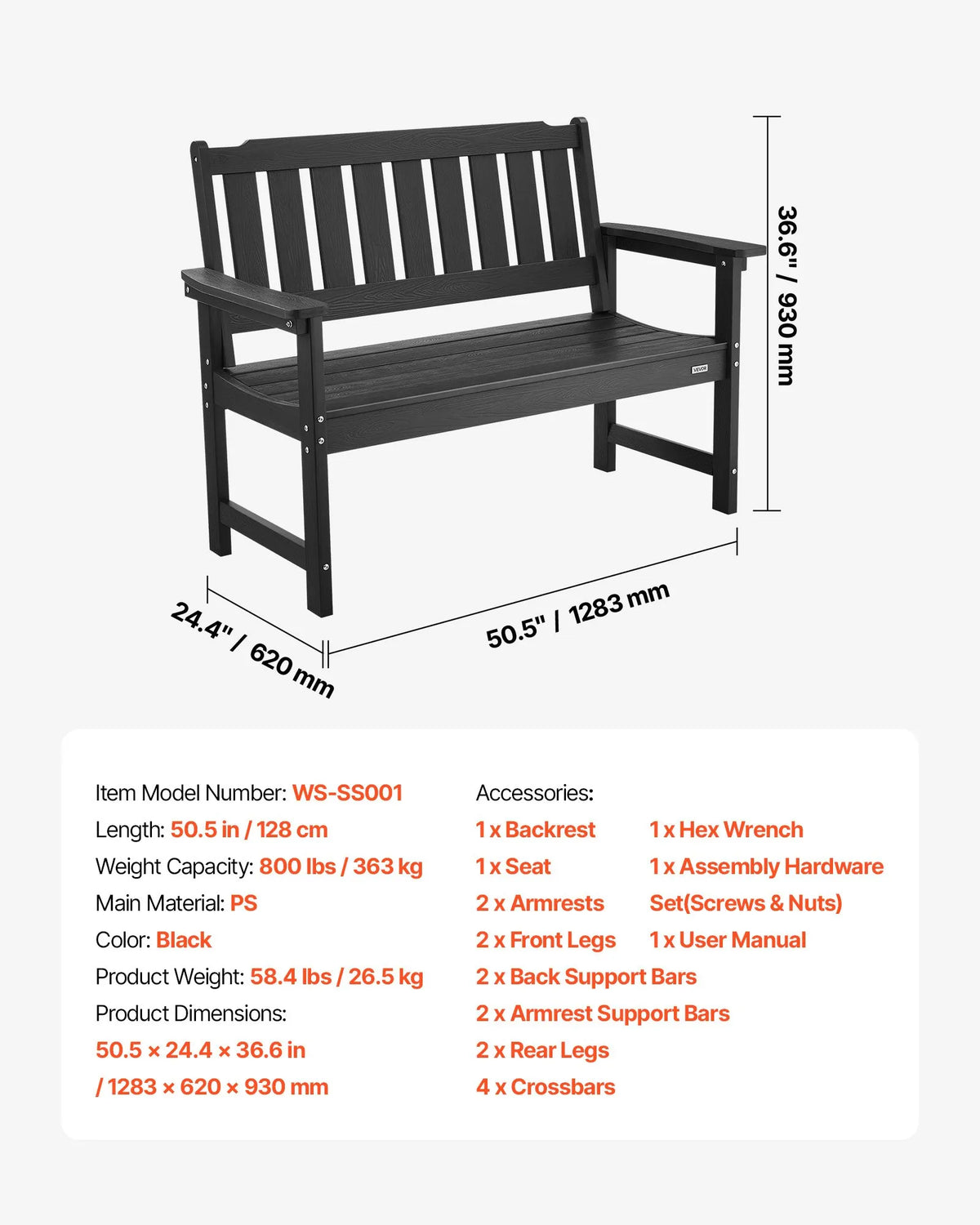 VEVOR Outdoor Bench 128 cm, Load Capacity 363 kg, Seats 2–3 People, Weather-Resistant Plastic Frame with Backrest and Wide Armrests, Suitable for Terrace, Garden, Park, Patio and Porches, Black