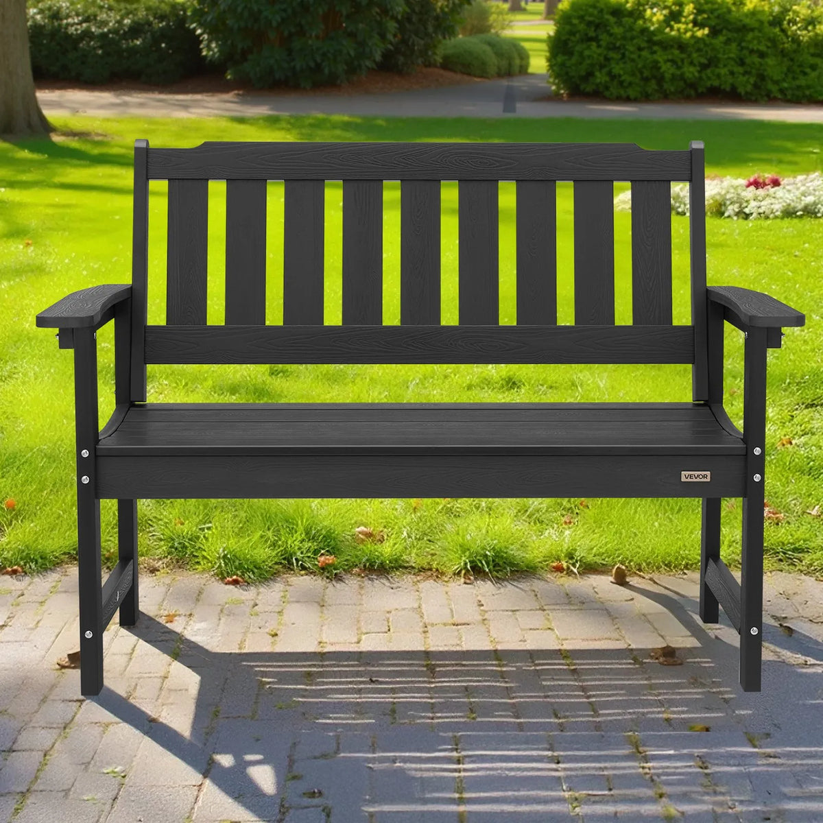 VEVOR Outdoor Bench 128 cm, Load Capacity 363 kg, Seats 2–3 People, Weather-Resistant Plastic Frame with Backrest and Wide Armrests, Suitable for Terrace, Garden, Park, Patio and Porches, Black