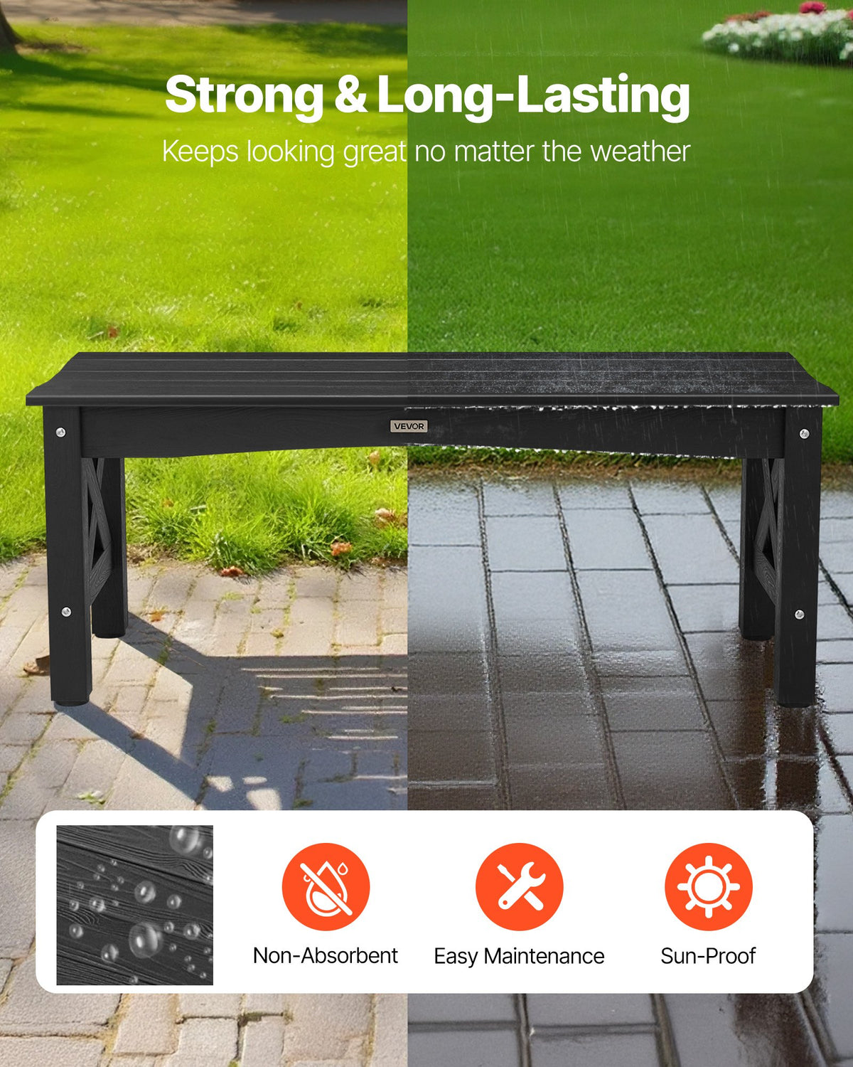 VEVOR Outdoor Bench 113 cm, Load Capacity 272 kg, Weather-Resistant Plastic Frame with Adjustable Foot Pads and Reinforced Legs, Suitable for Terrace, Garden, Park, Patio and Porches, Black