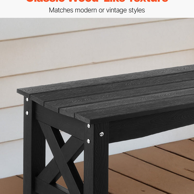 Āra sols 113 cm, izturība līdz 272 kg, laikapstākļu izturīgs plastmasas rāmis ar regulējamām kāju pamatnēm un pastiprinātām kājām, piemērots terasei, dārzam, parkam, pagalmam un lieveņiem, melns