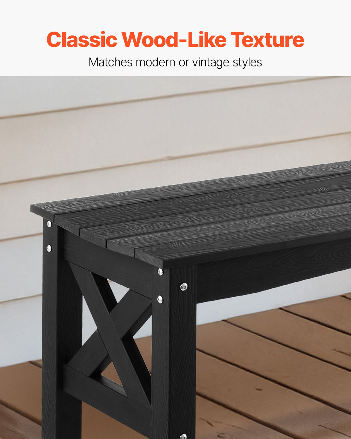 VEVOR Outdoor Bench 113 cm, Load Capacity 272 kg, Weather-Resistant Plastic Frame with Adjustable Foot Pads and Reinforced Legs, Suitable for Terrace, Garden, Park, Patio and Porches, Black