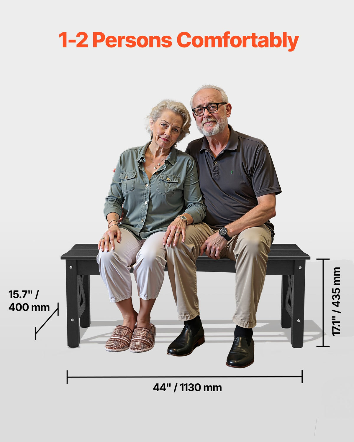 VEVOR Outdoor Bench 113 cm, Load Capacity 272 kg, Weather-Resistant Plastic Frame with Adjustable Foot Pads and Reinforced Legs, Suitable for Terrace, Garden, Park, Patio and Porches, Black