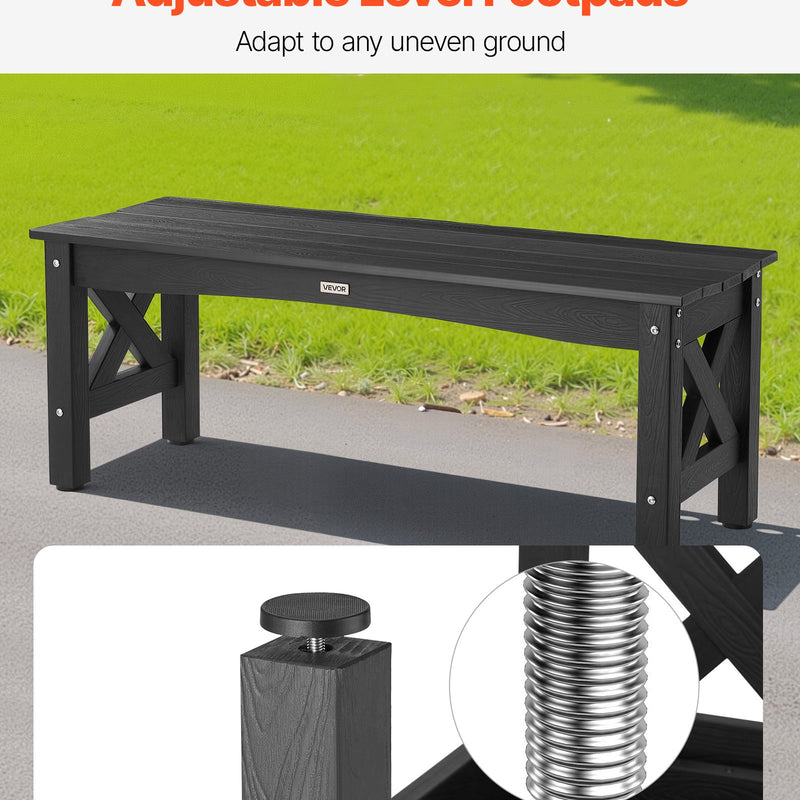 Āra sols 113 cm, izturība līdz 272 kg, laikapstākļu izturīgs plastmasas rāmis ar regulējamām kāju pamatnēm un pastiprinātām kājām, piemērots terasei, dārzam, parkam, pagalmam un lieveņiem, melns